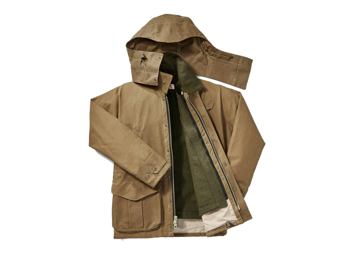 Front view of Filson Tin Cloth Field Jacket in dark tan with zipped in liner and hood
