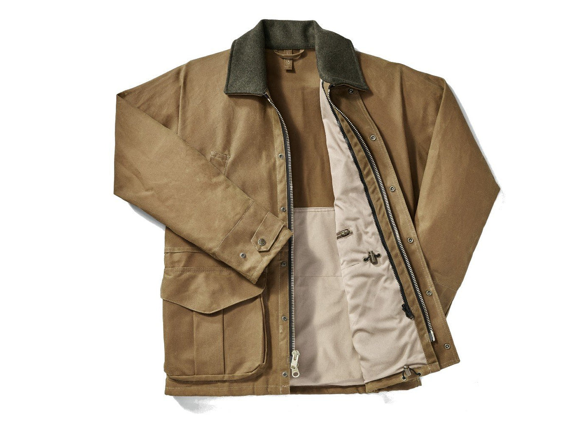 Front view of unzipped Filson Tin Cloth Field Jacket in dark tan