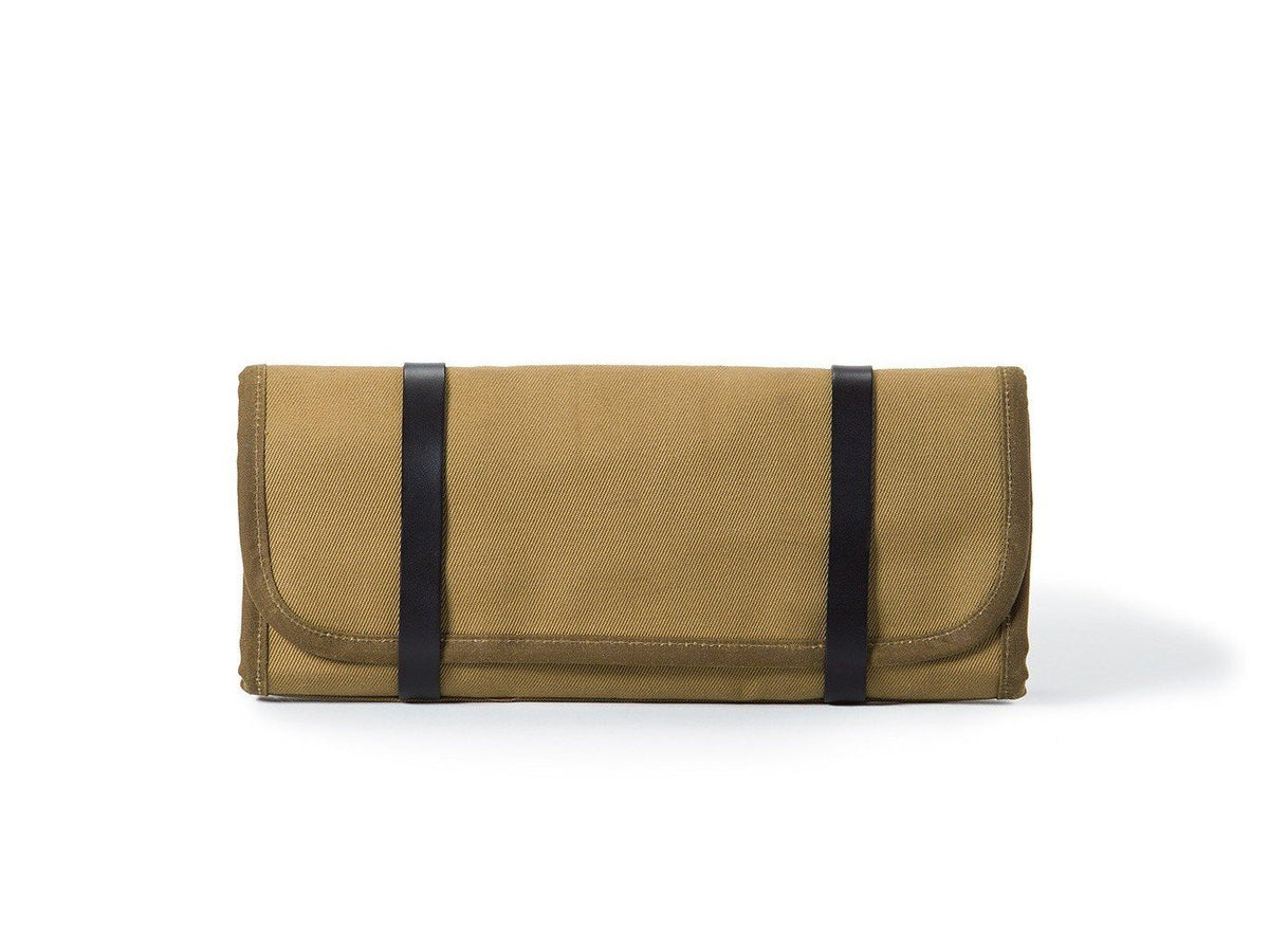 Rolled up front view of Filson Tool Roll in tan