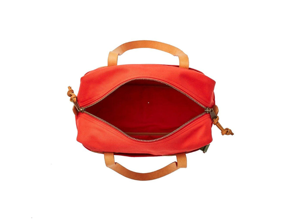 Top view of unzipped Filson Tote Bag With Zipper in mackinaw red