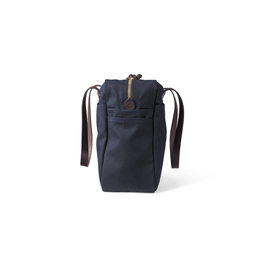 Side view of Filson Tote Bag With Zipper in navy