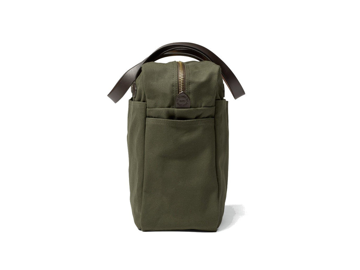 Side view of Filson Tote Bag With Zipper in otter green