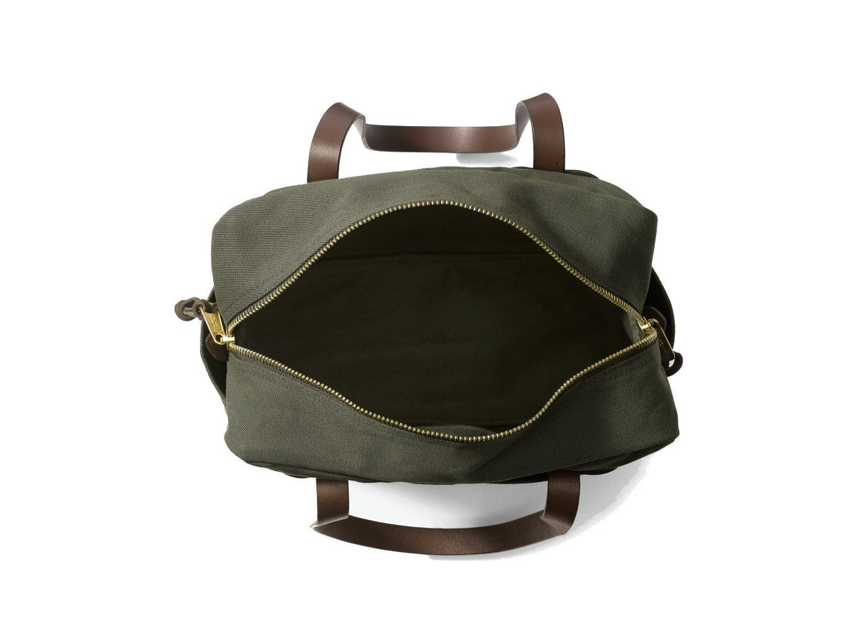 Top view of unzipped Filson Tote Bag With Zipper in otter green