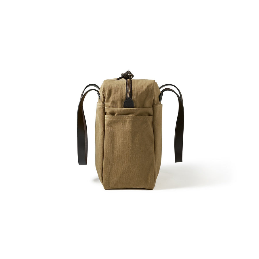 Side view of Filson Tote Bag With Zipper in tan
