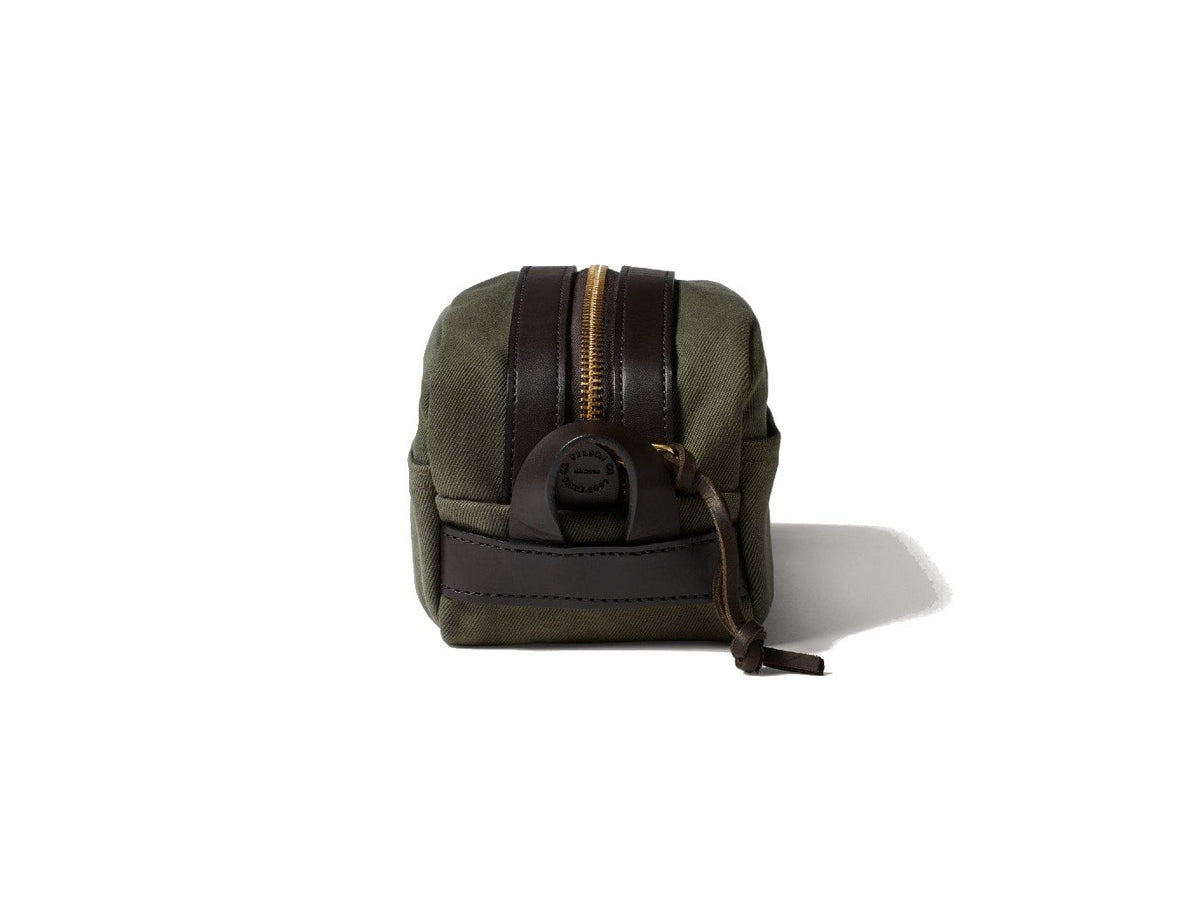 Left side view of Filson Travel Kit bag in otter green