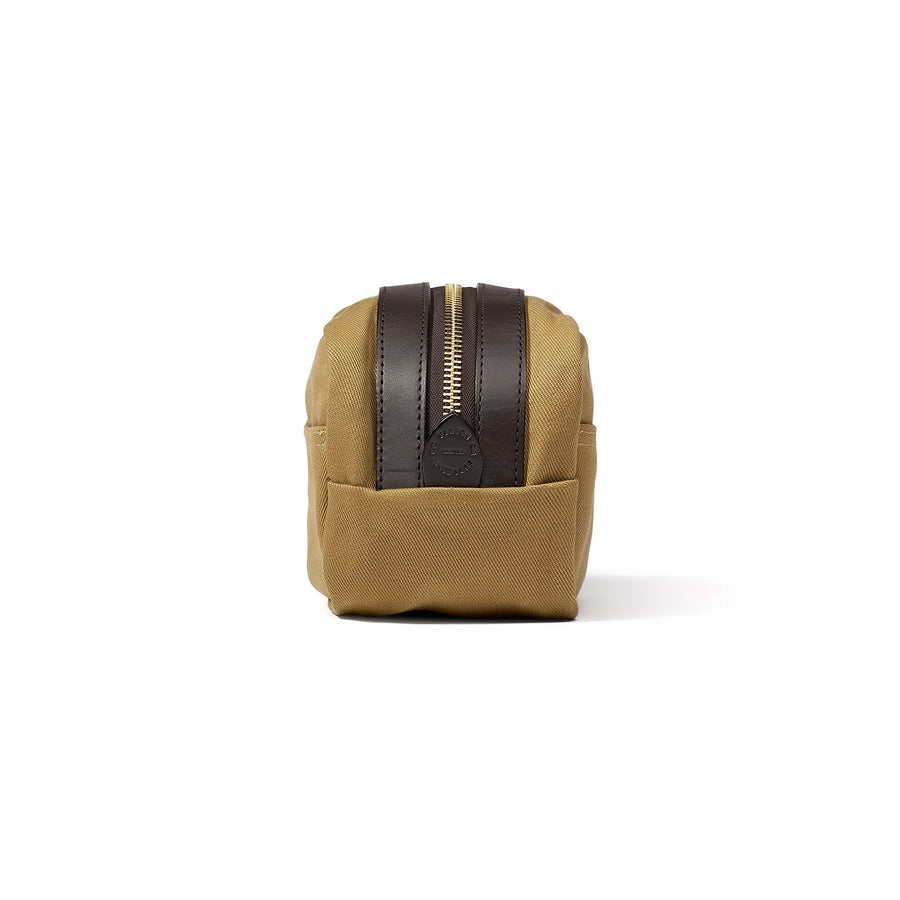 Right side view of Filson Travel Kit bag in tan