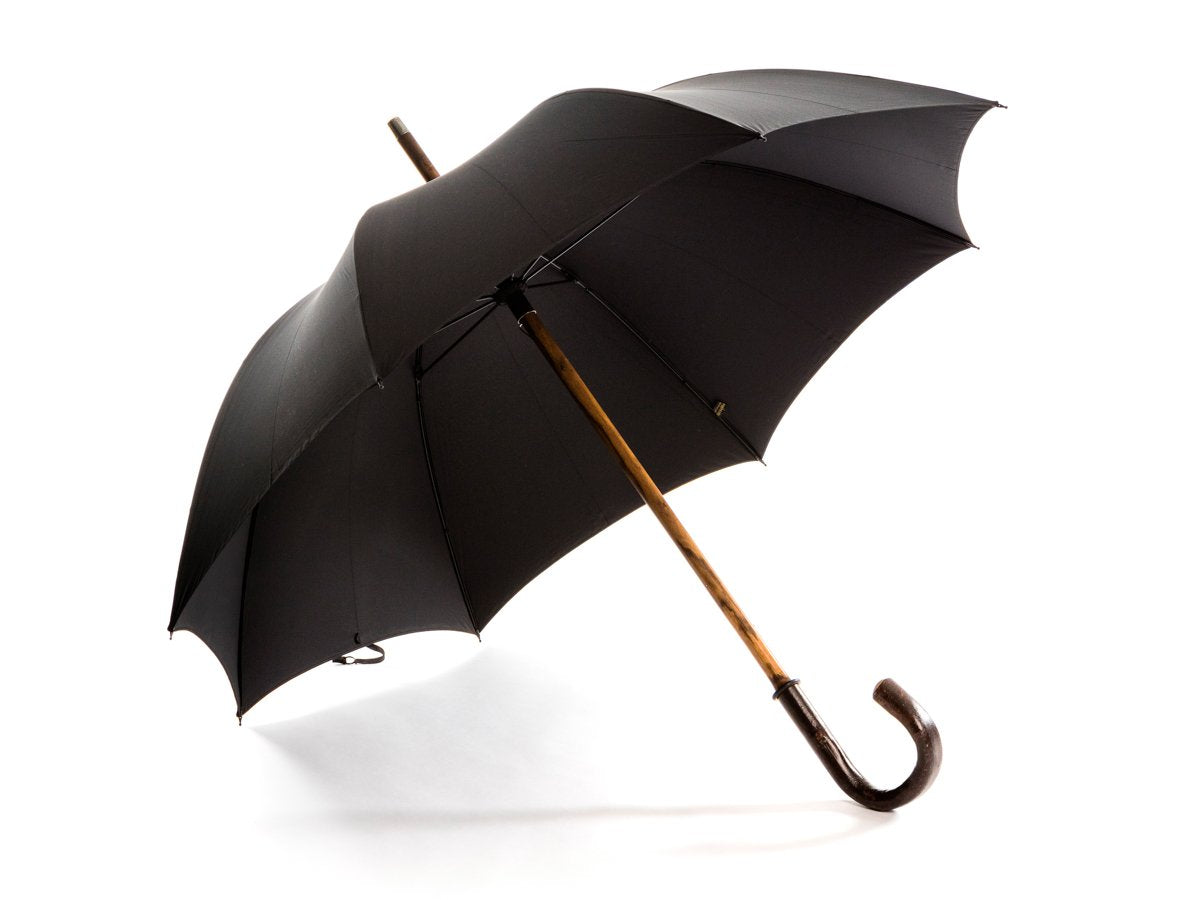 Opened solid bark chestnut Fox Umbrella with black canopy