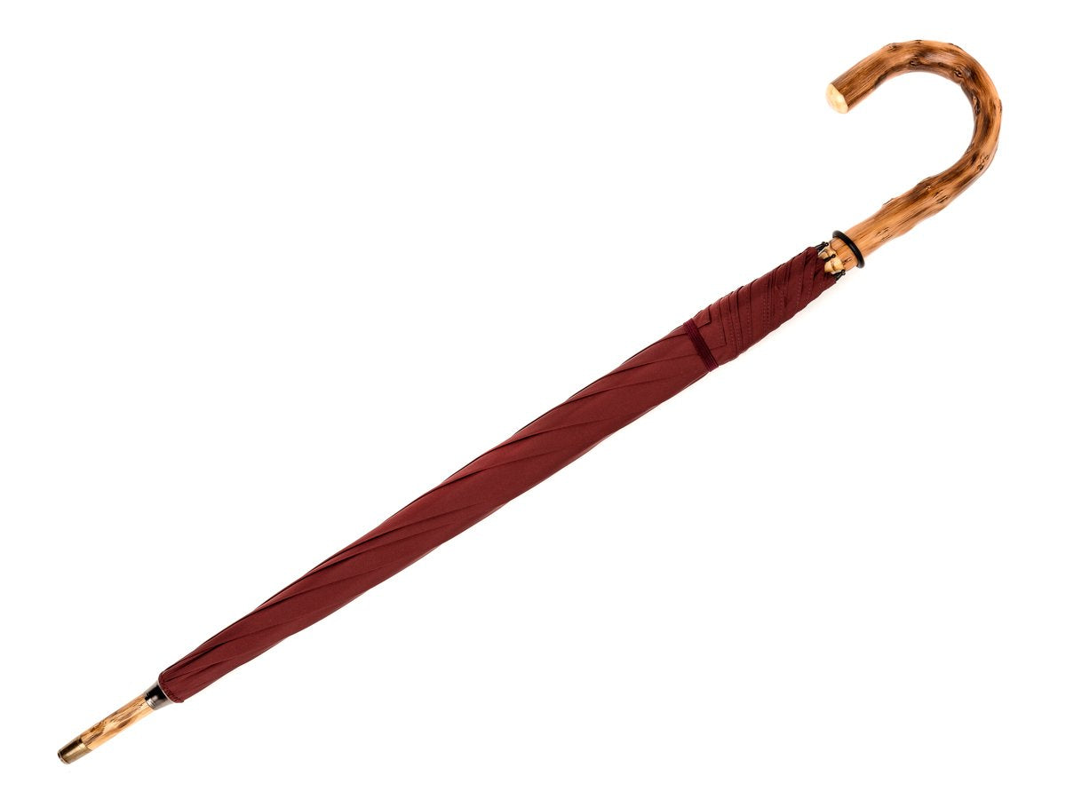 Full length view of solid congo Fox Umbrella with burgundy canopy