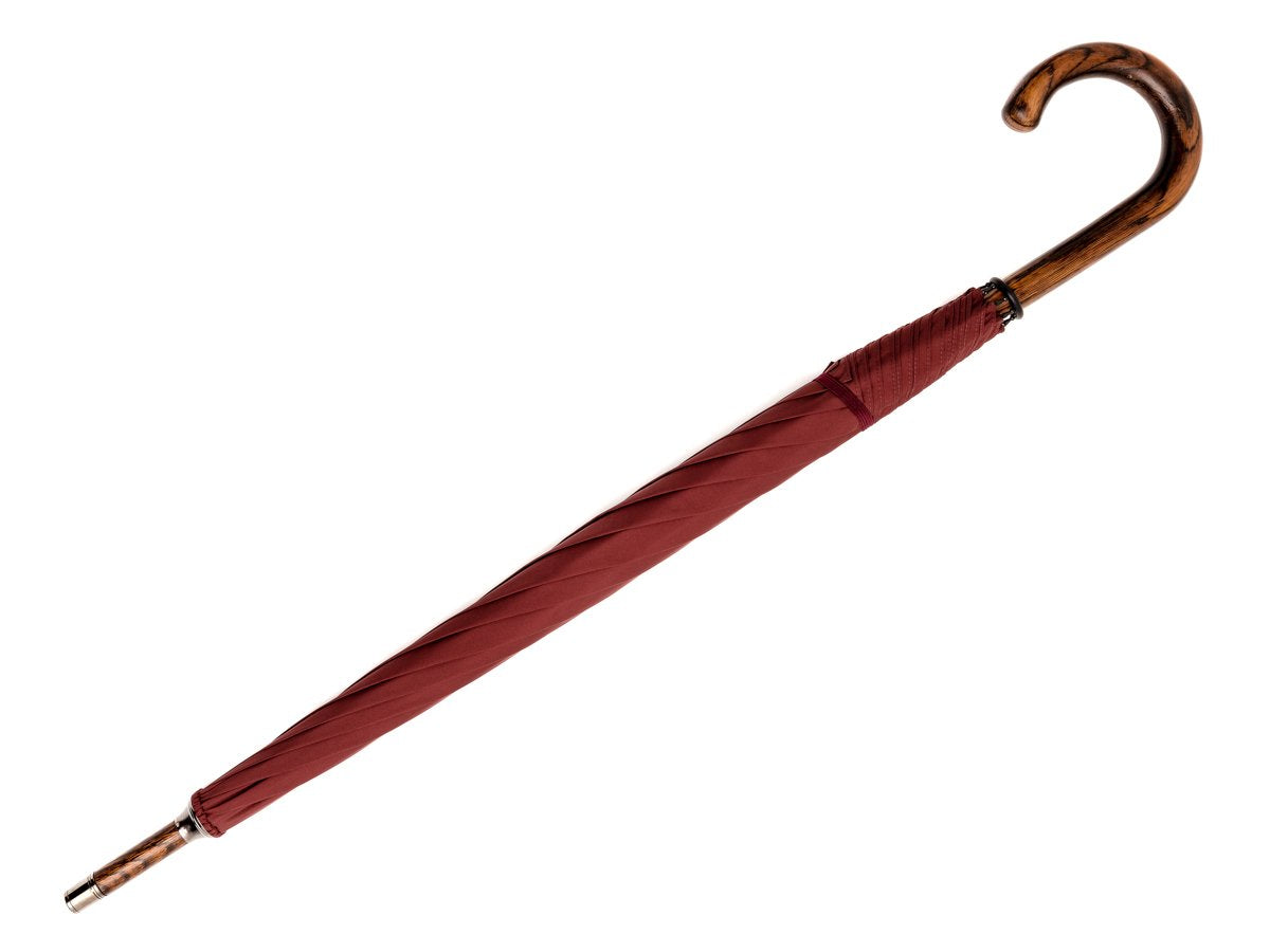 Full length view of solid oak Fox Umbrella with burgundy canopy