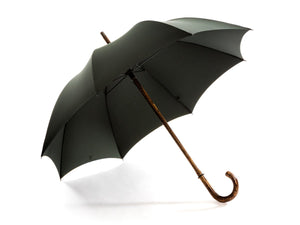 Opened solid oak Fox Umbrella with dark green canopy