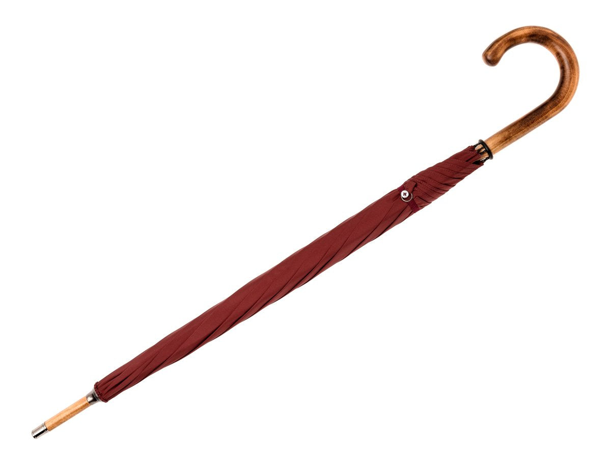 Full length view of solid scorched maple Fox Umbrella with burgundy canopy