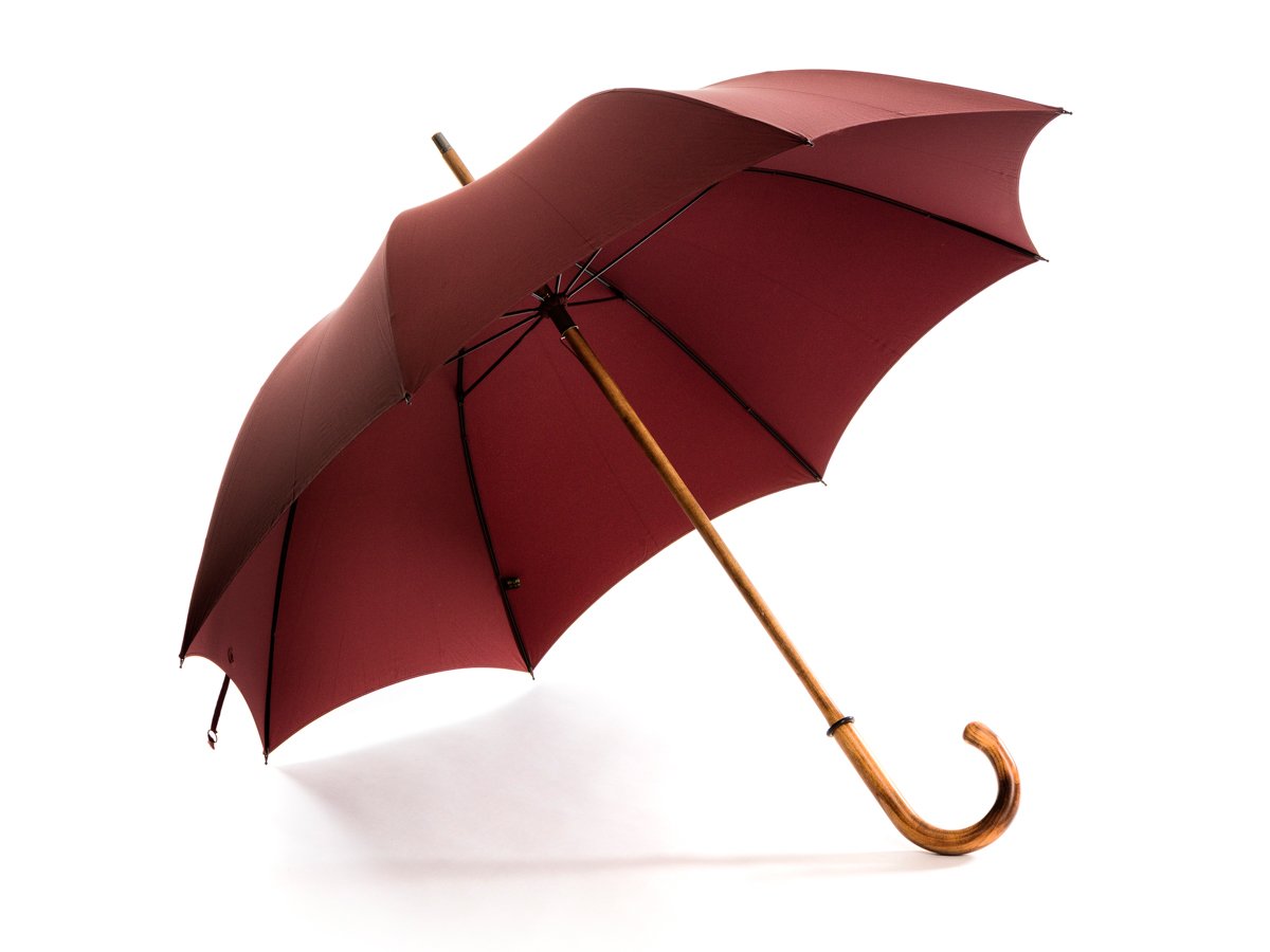 Opened solid scorched maple Fox Umbrella with burgundy canopy