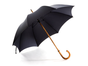 Opened solid scorched maple Fox Umbrella with navy canopy