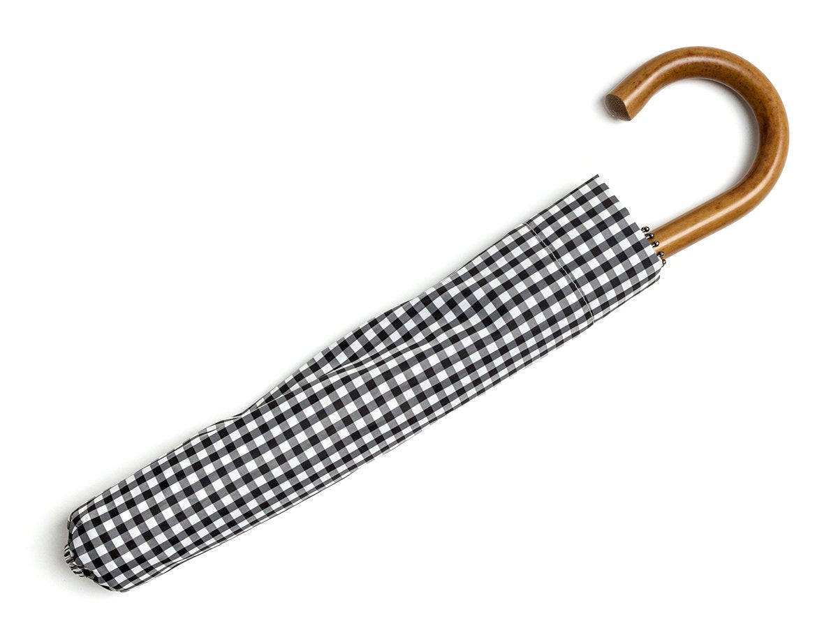 Canopy cover of malacca handle telescopic Fox Umbrella with black and white gingham canopy