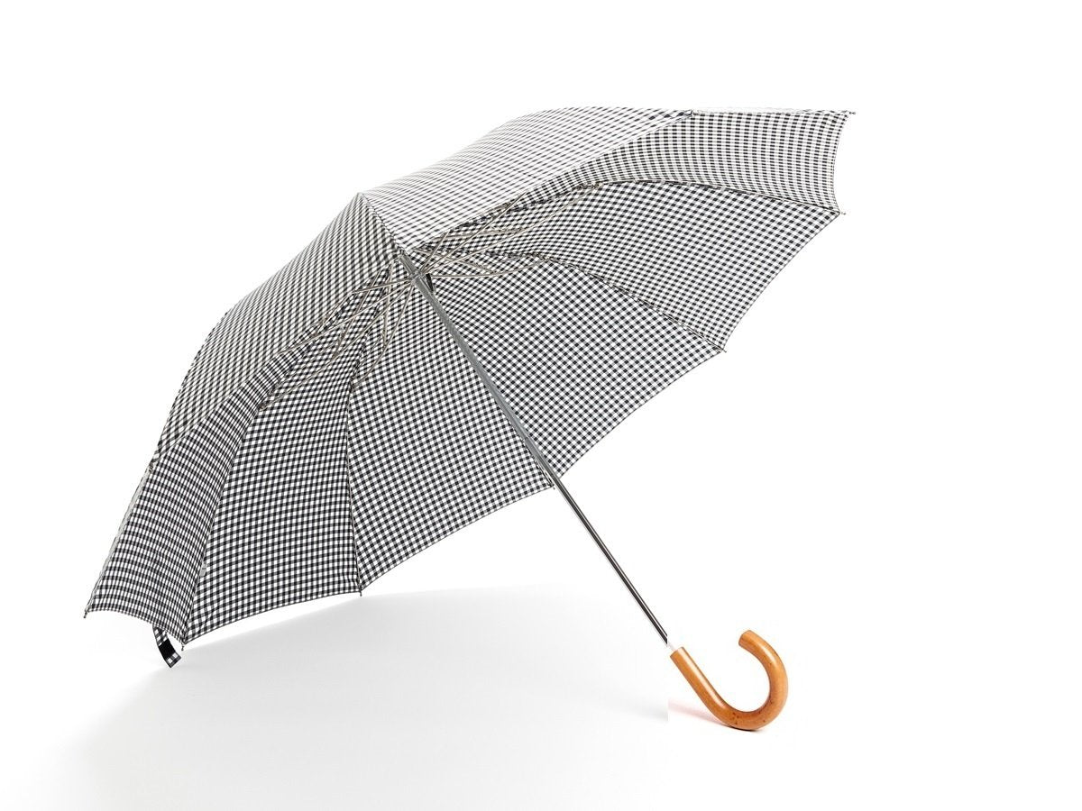 Opened malacca handle telescopic Fox Umbrella with black and white gingham canopy