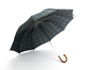 Opened malacca handle telescopic Fox Umbrella with black watch tartan canopy