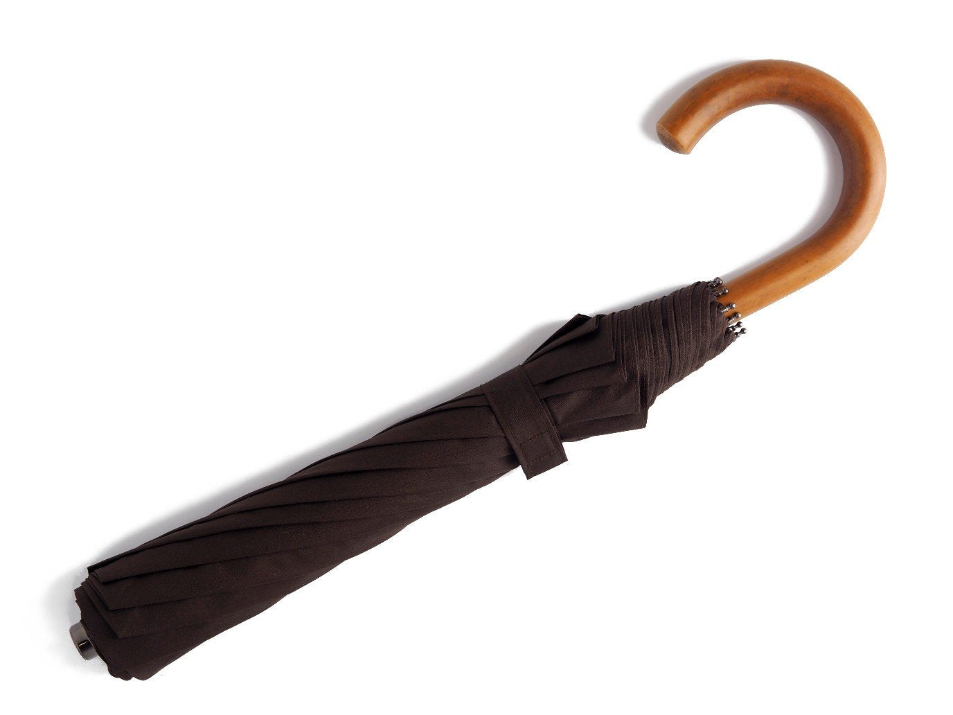 Full length view of malacca handle telescopic Fox Umbrella with brown canopy