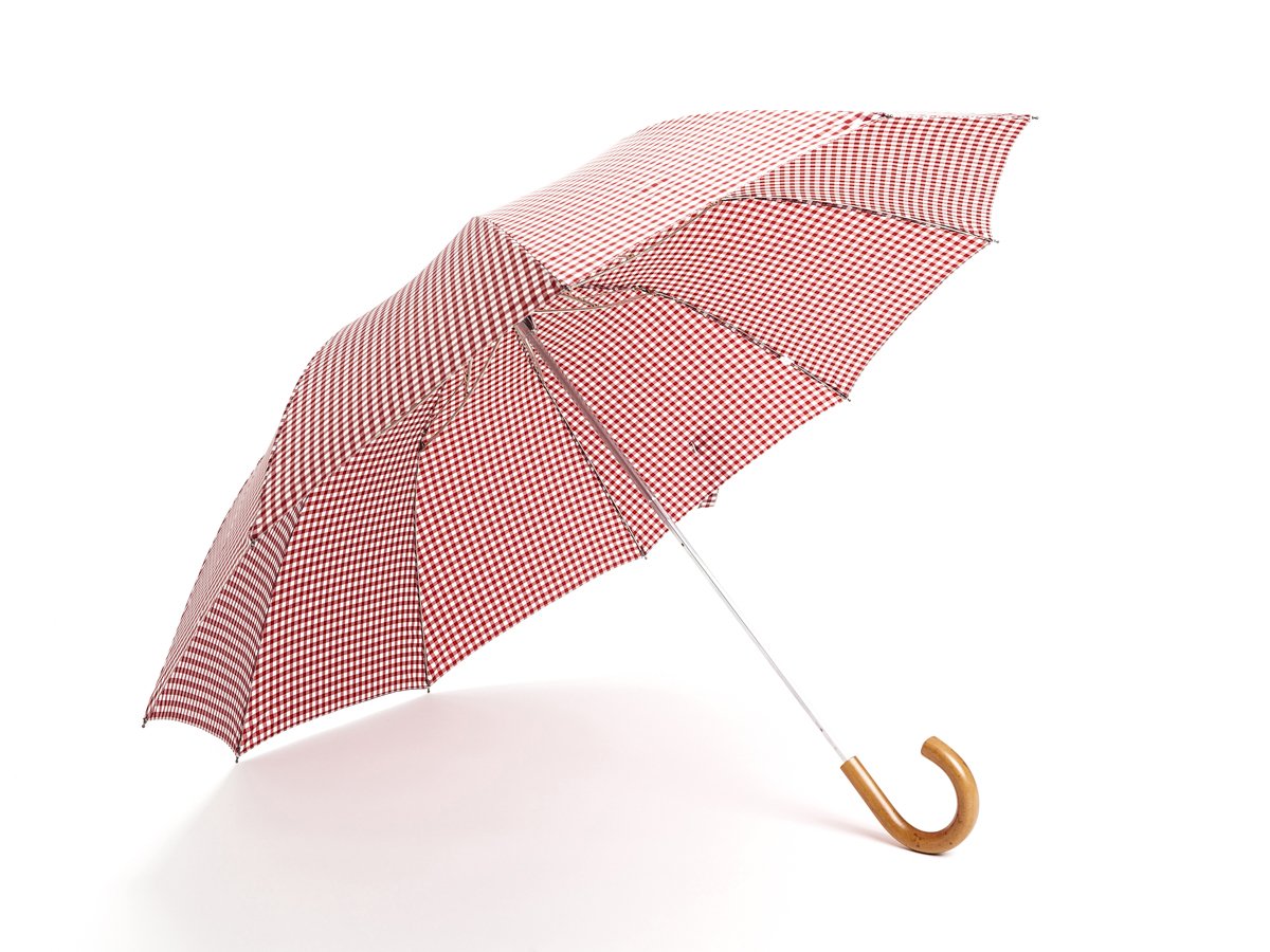 Opened malacca handle telescopic Fox Umbrella with wine and white gingham canopy