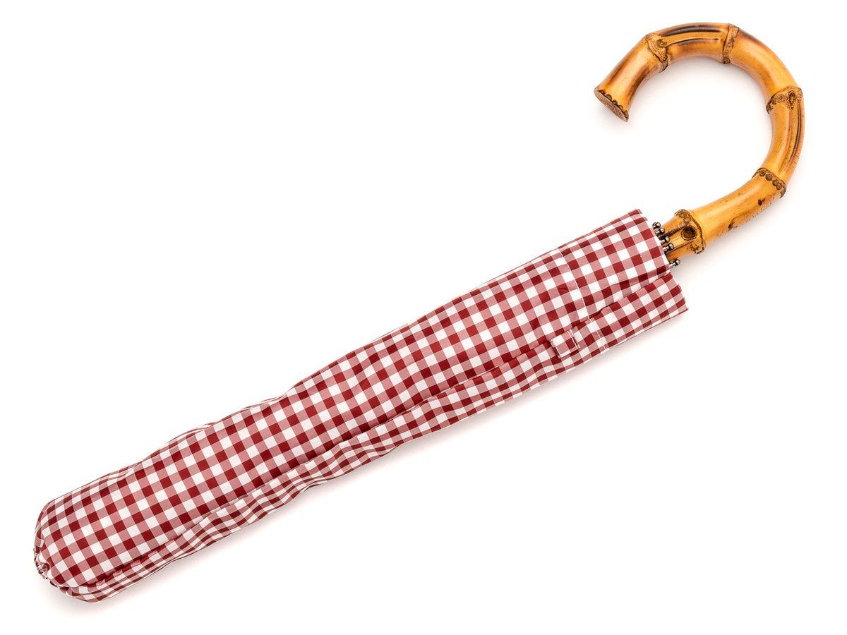 Canopy cover of whangee handle telescopic Fox Umbrella with wine and white gingham canopy