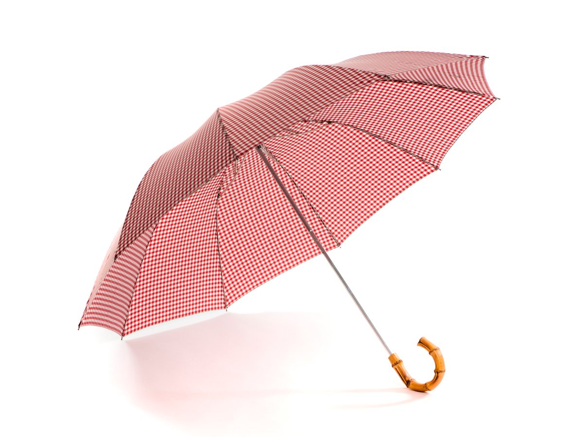 Opened whangee handle telescopic Fox Umbrella with wine and white gingham canopy