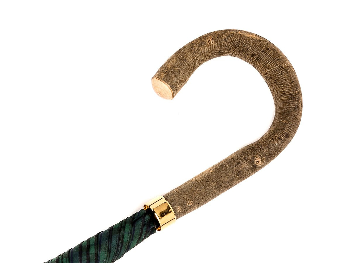 Ash handle of tube Fox Umbrella with black watch tartan canopy