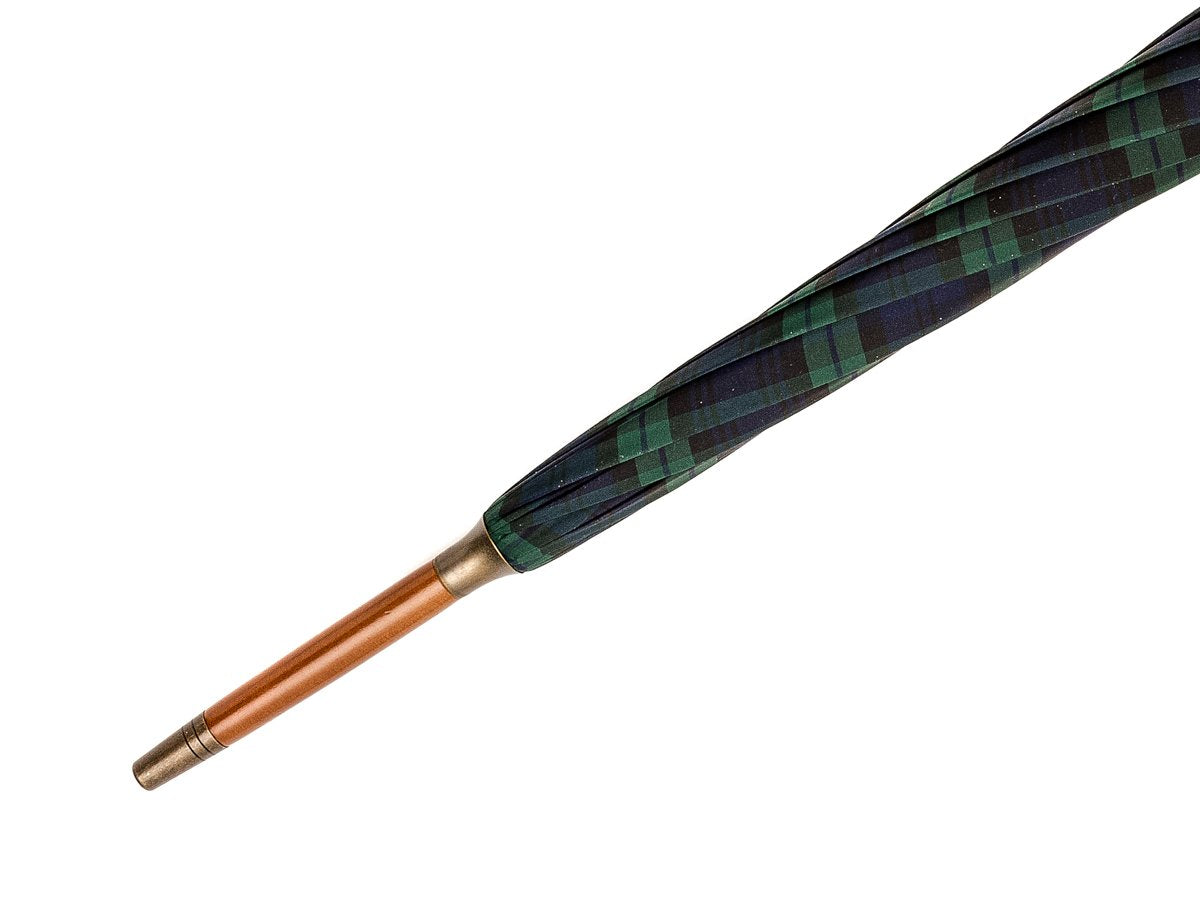 Tip end of ash handle tube Fox Umbrella with black watch tartan canopy