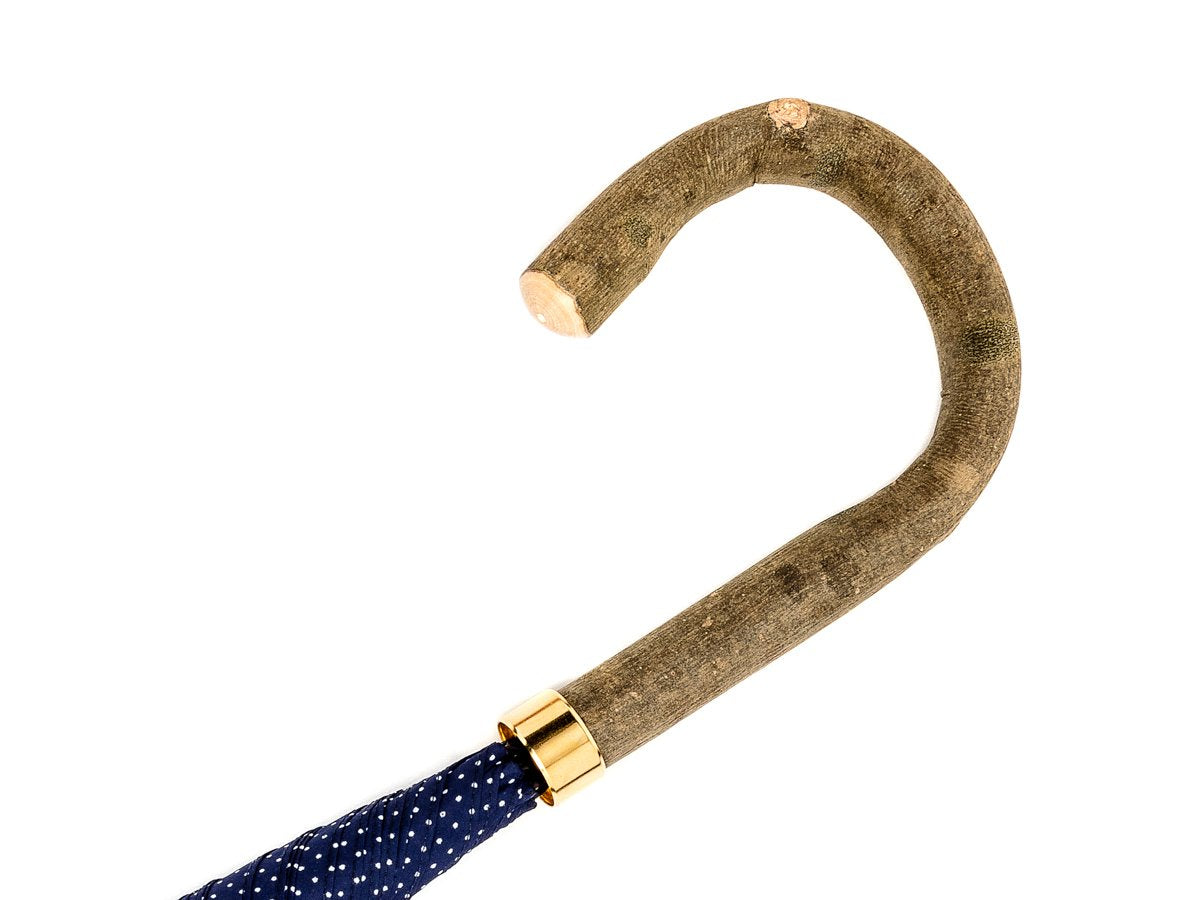 Ash handle of tube Fox Umbrella with navy and white polka dot canopy