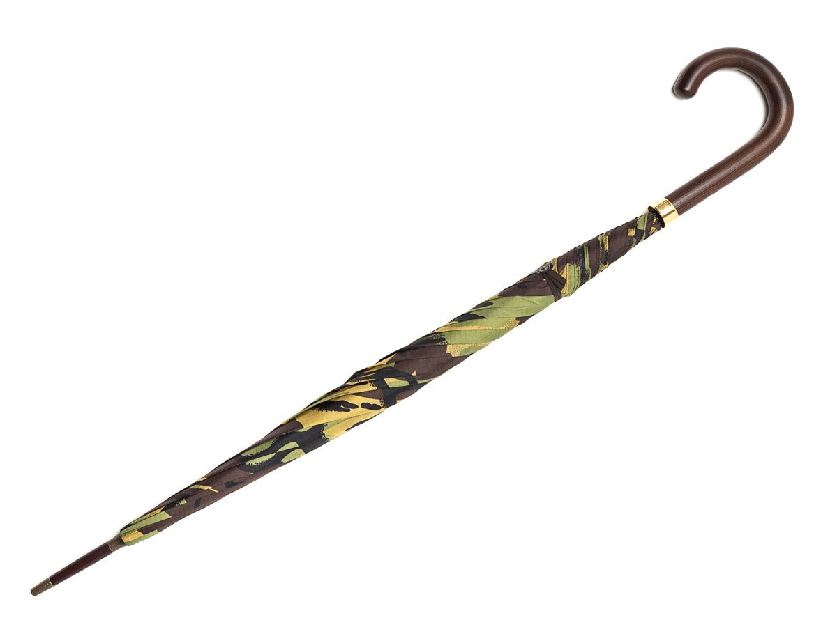 Full length view of dark brown wood handle tube Fox Umbrella with camouflage canopy