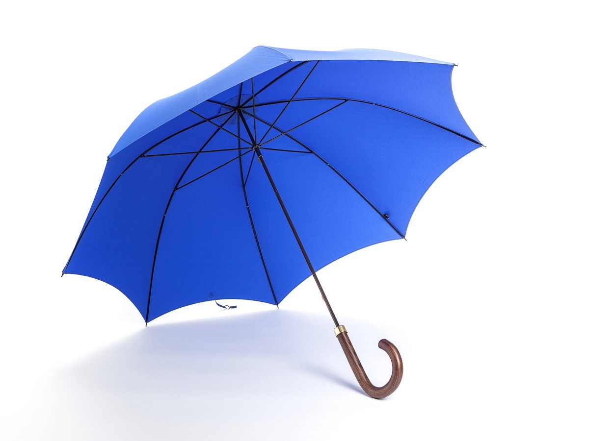Opened dark brown wood handle tube Fox Umbrella with royal blue canopy