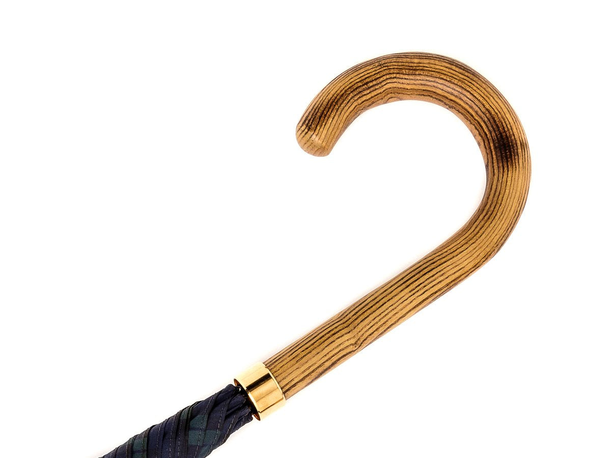 Light grain wood handle of tube Fox Umbrella with black watch tartan canopy