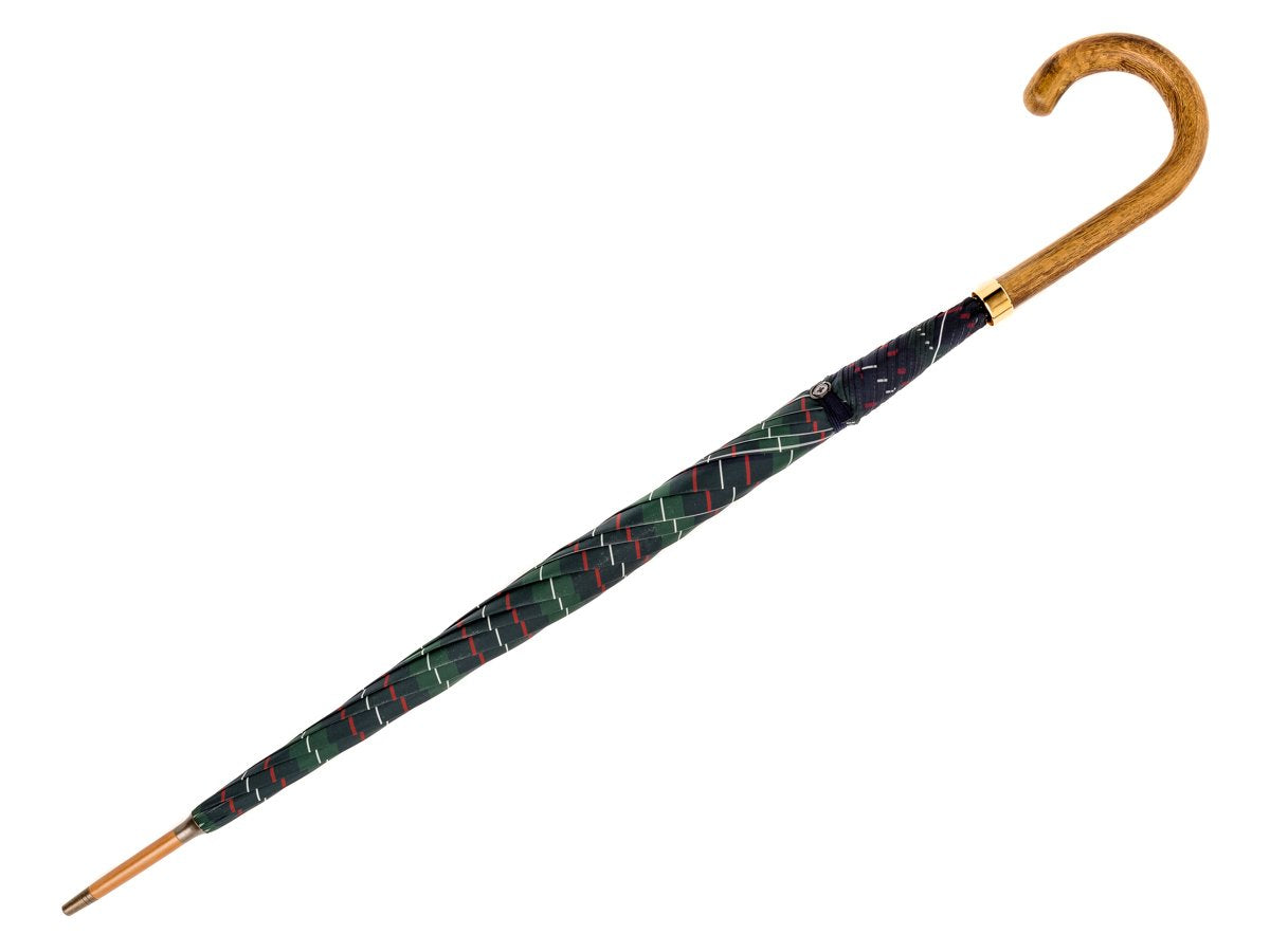 Full length view of light grain wood handle tube Fox Umbrella with colquhoun tartan canopy