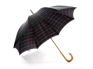 Opened light grain wood handle tube Fox Umbrella with colquhoun tartan canopy