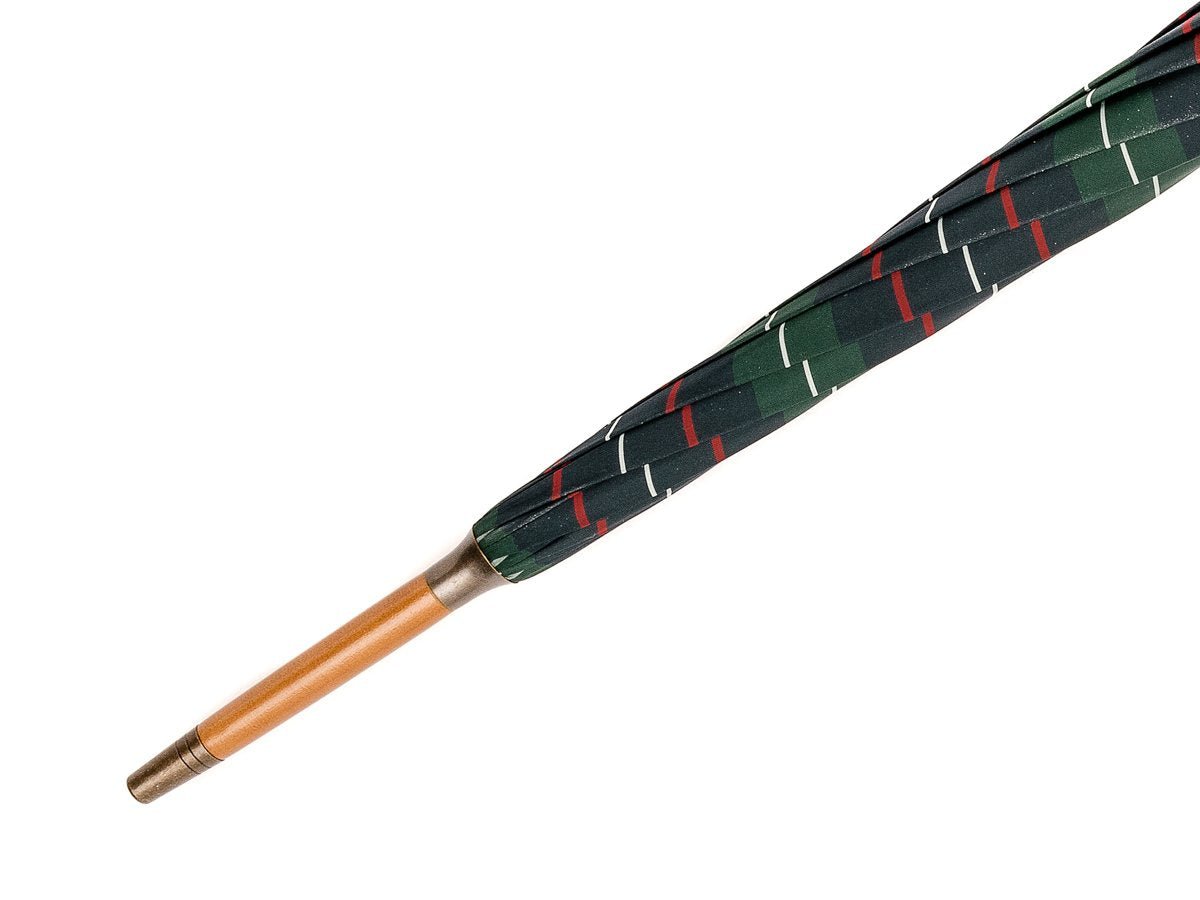 Tip end of light grain wood handle tube Fox Umbrella with colquhoun tartan canopy