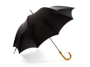Opened whangee handle tube Fox Umbrella with black canopy