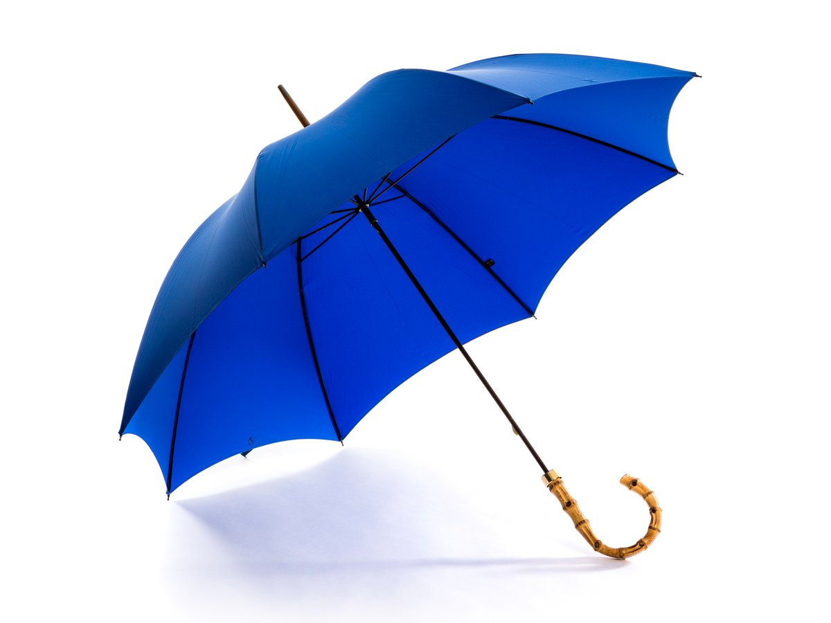 Opened whangee handle tube Fox Umbrella with royal blue canopy