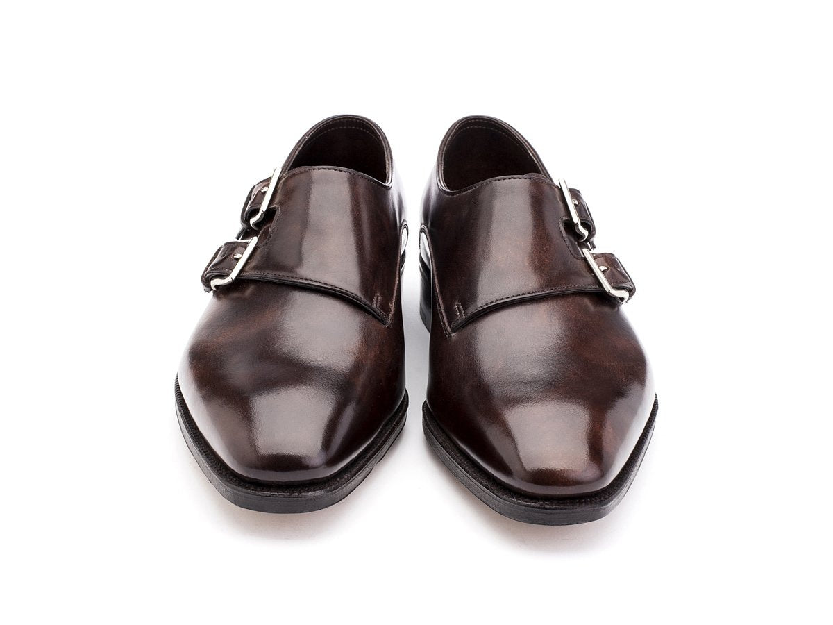 Front view of John Lobb Chapel plain toe swept back double monk strap shoes in dark brown museum calf
