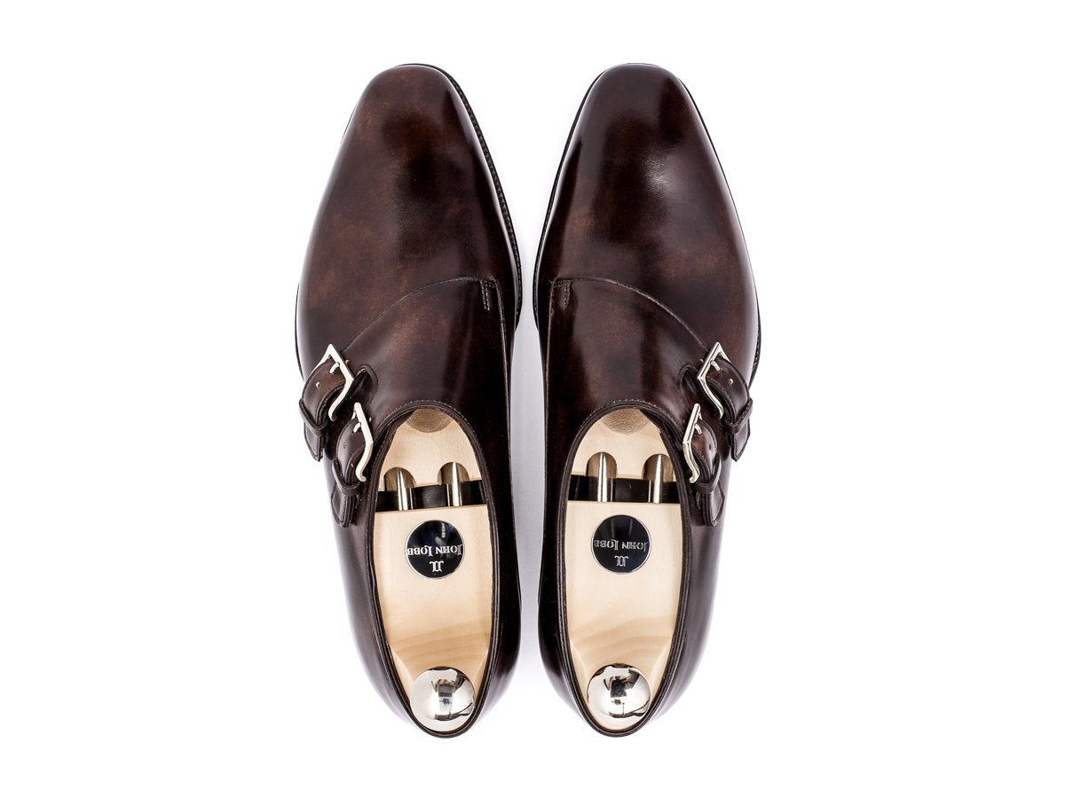 Top view of John Lobb Chapel plain toe swept back double monk strap shoes in dark brown museum calf with shoe trees