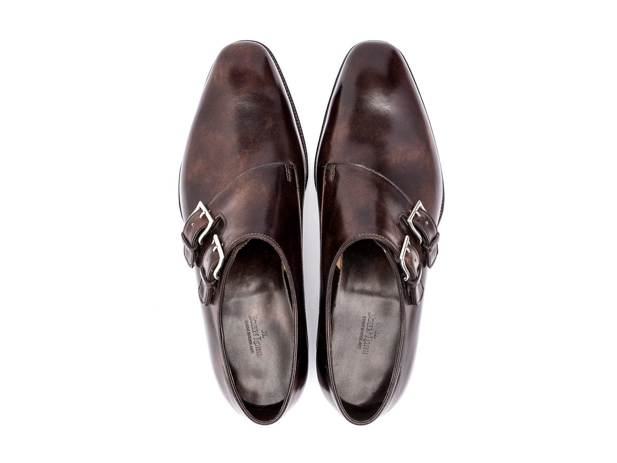 Top view of John Lobb Chapel plain toe swept back double monk strap shoes in dark brown museum calf