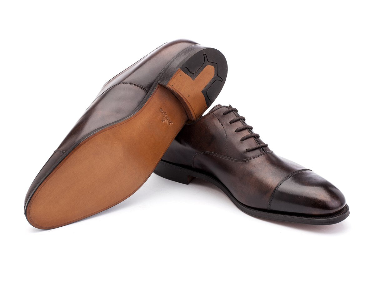 Classic leather sole of John Lobb City II plain captoe oxford shoes in dark brown museum calf