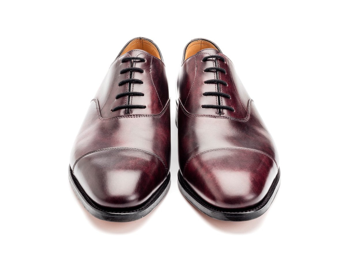 Front view of John Lobb City II plain captoe oxford shoes in plum museum calf