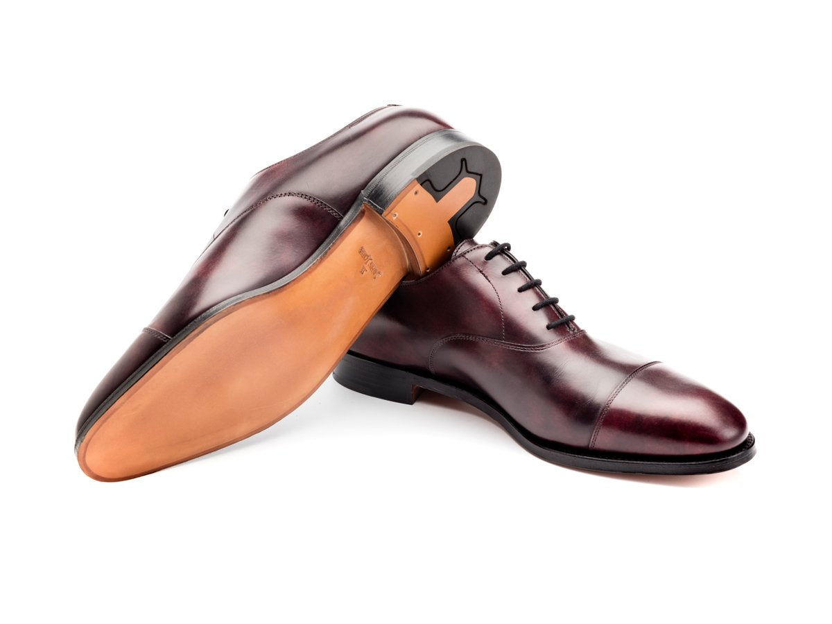 Classic leather sole of John Lobb City II plain captoe oxford shoes in plum museum calf