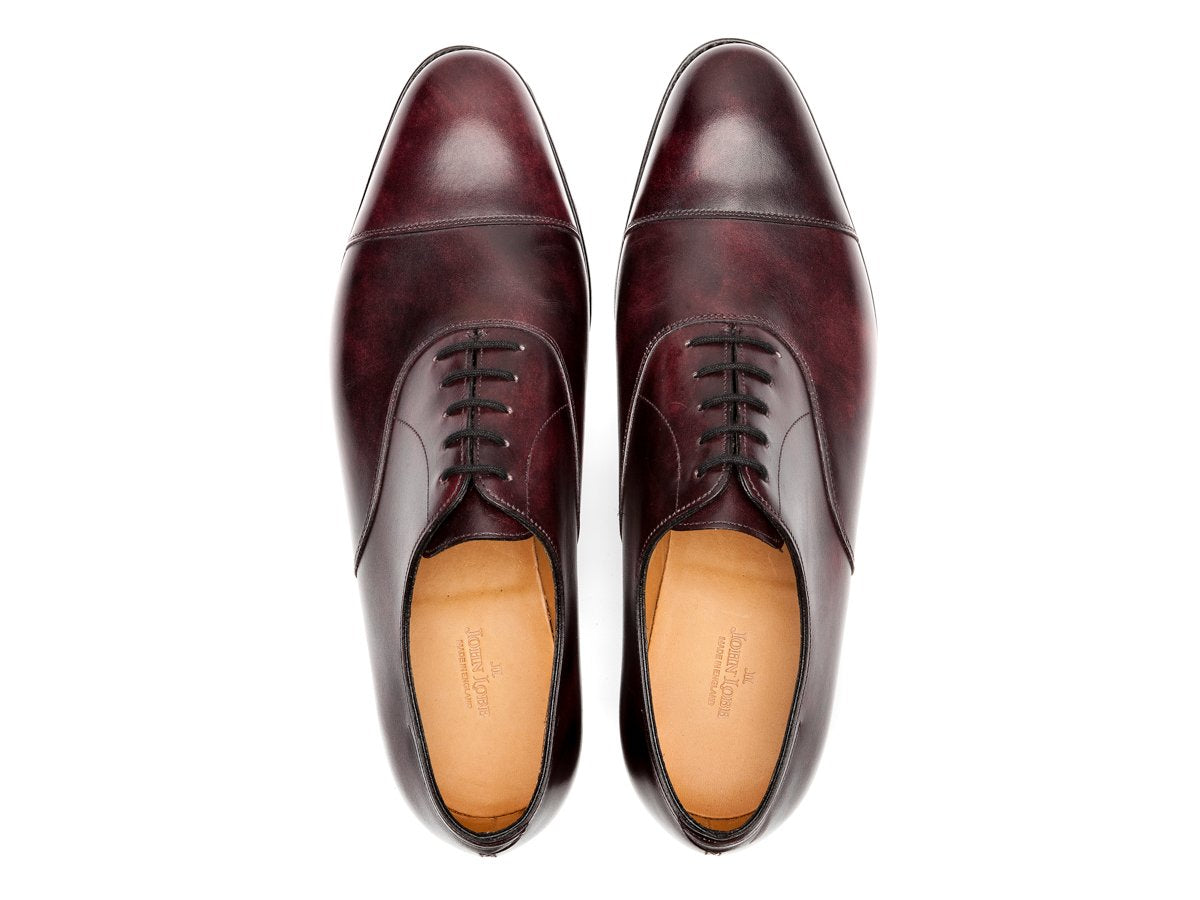 Top view of John Lobb City II plain captoe oxford shoes in plum museum calf