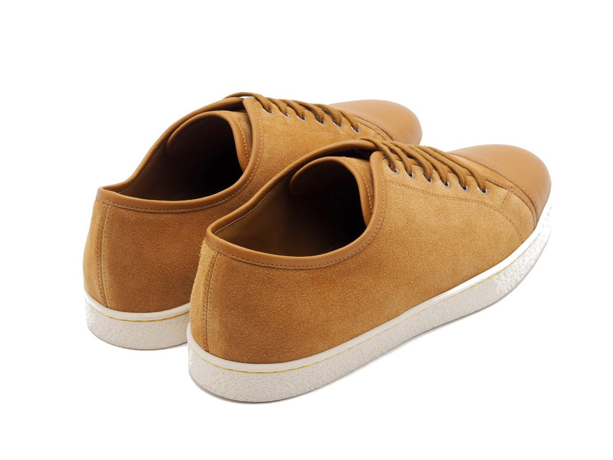 Back angle view of John Lobb Levah classic tennis sneakers in reed suede