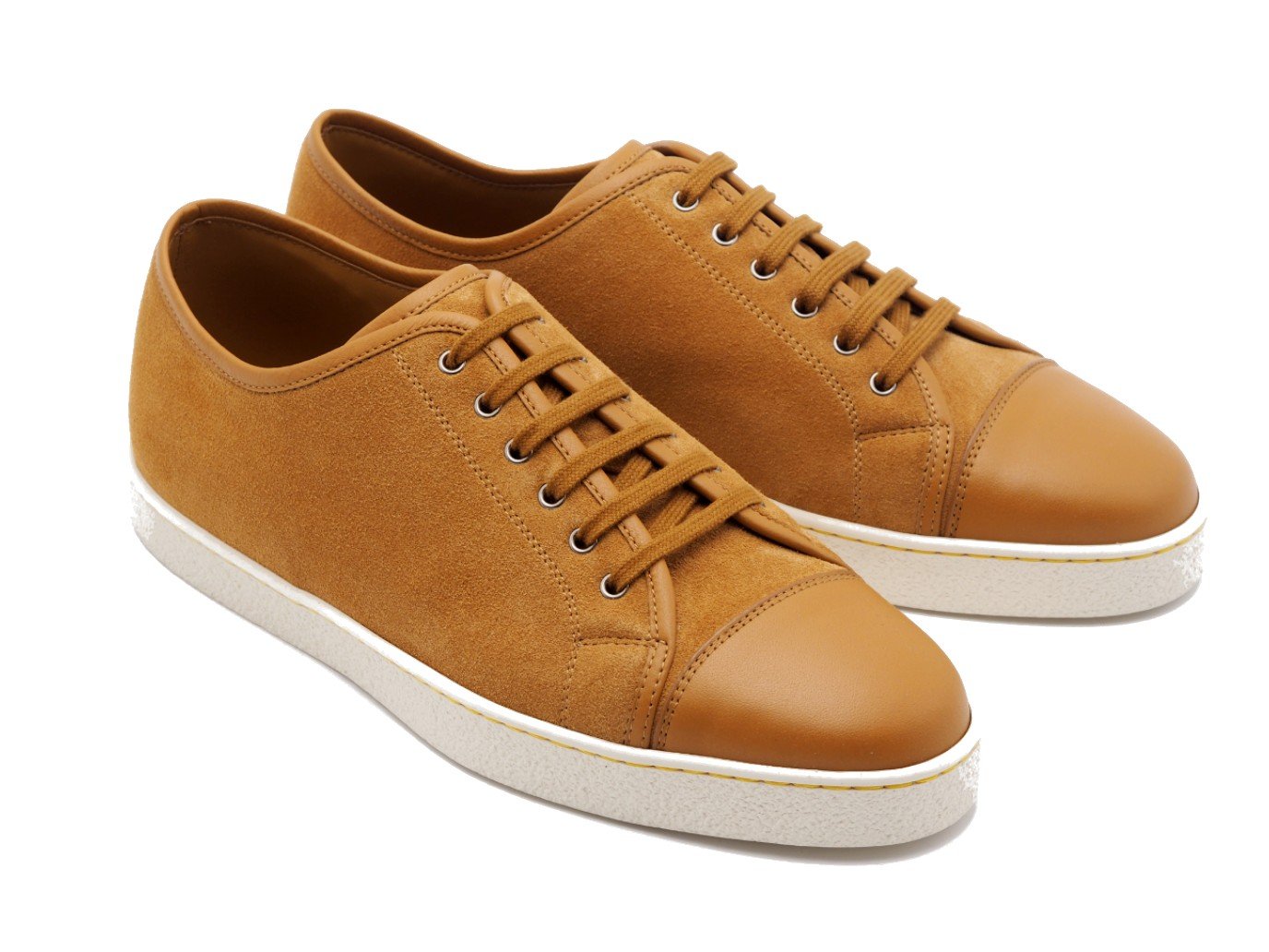 Front angle view of John Lobb Levah classic tennis sneakers in reed suede