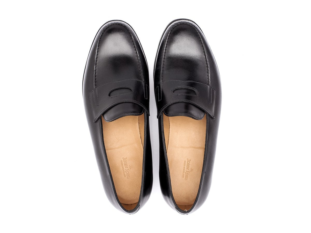 Top view of John Lobb Lopez penny loafers in black calf
