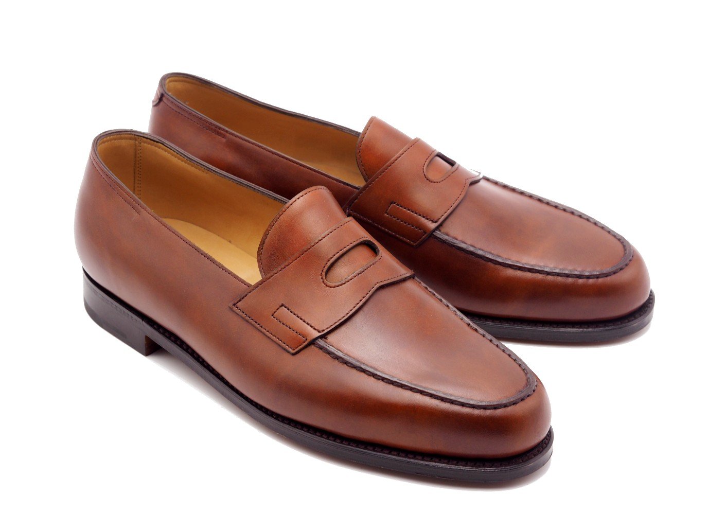 Front angle view of John Lobb Lopez penny loafers in chestnut misty calf