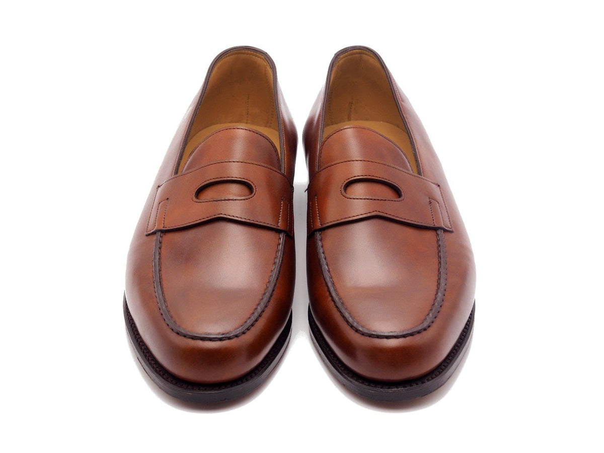 Front view of John Lobb Lopez penny loafers in chestnut misty calf