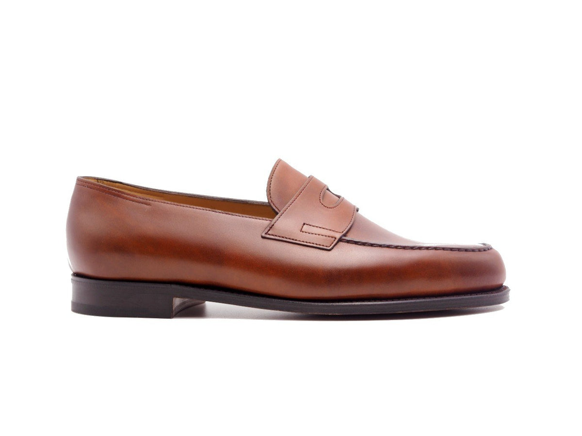 Side view of John Lobb Lopez penny loafers in chestnut misty calf