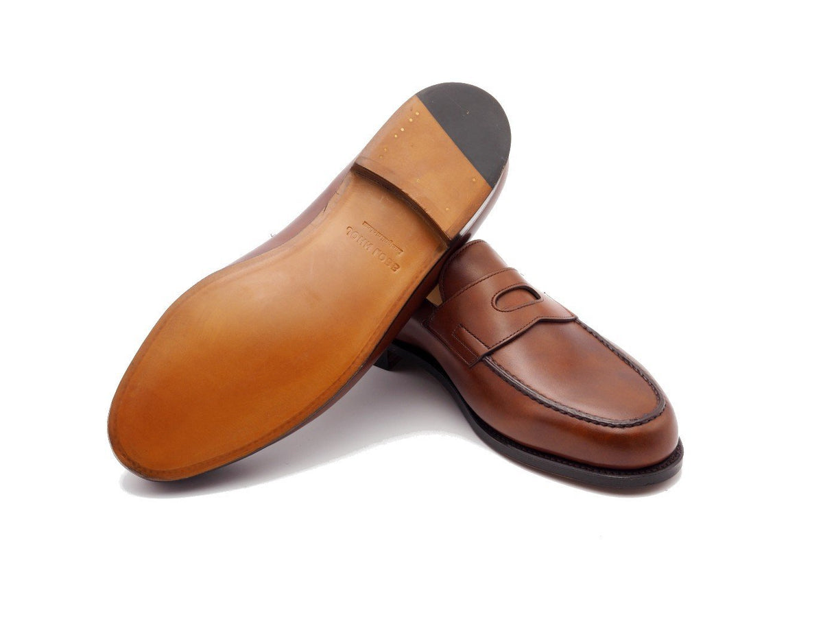 Classic leather sole of John Lobb Lopez penny loafers in chestnut misty calf