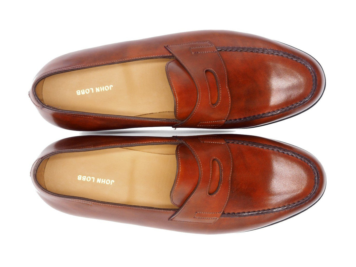 Top view of John Lobb Lopez penny loafers in chestnut misty calf